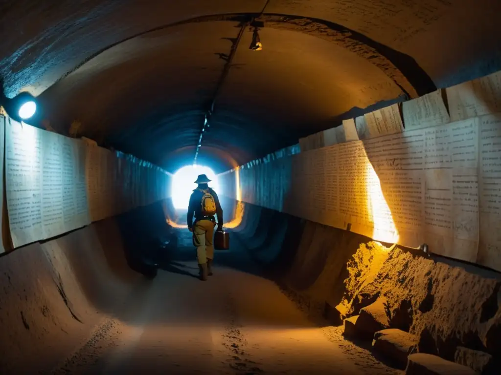 Búsqueda de documentos secretos subterráneos: Explorador solitario en túnel oscuro, rodeado de antiguos escritos y símbolos, con linterna y mapa