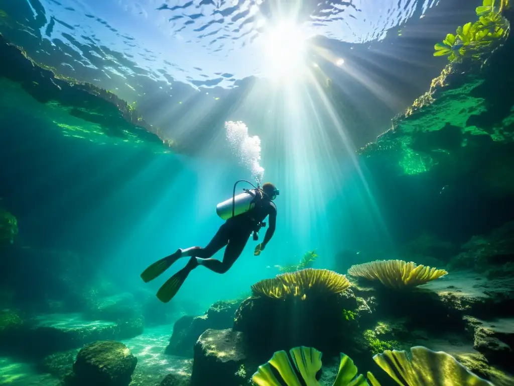 Un buzo explora las cristalinas aguas de un cenote en la Riviera Maya, rodeado de vida marina y vegetación exuberante