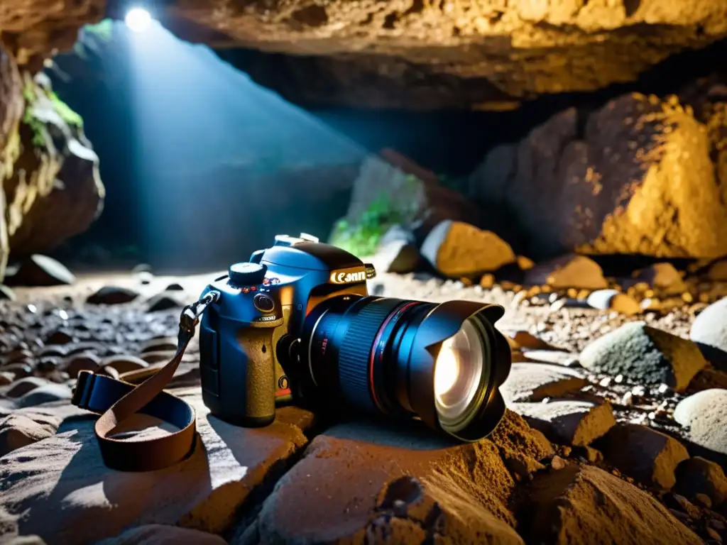 Una cámara DSLR cubierta de polvo con linterna en cueva subterránea