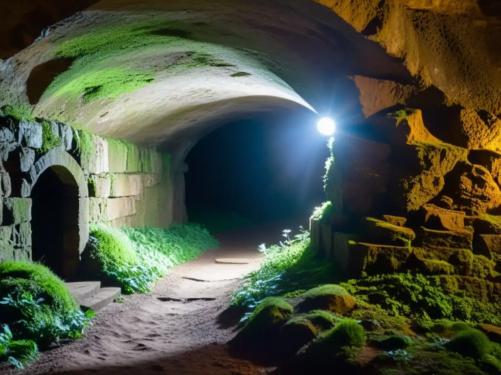 Camino misterioso en túnel subterráneo con paredes cubiertas de musgo y arcos antiguos, para tours únicos túneles cavernas olvidadas