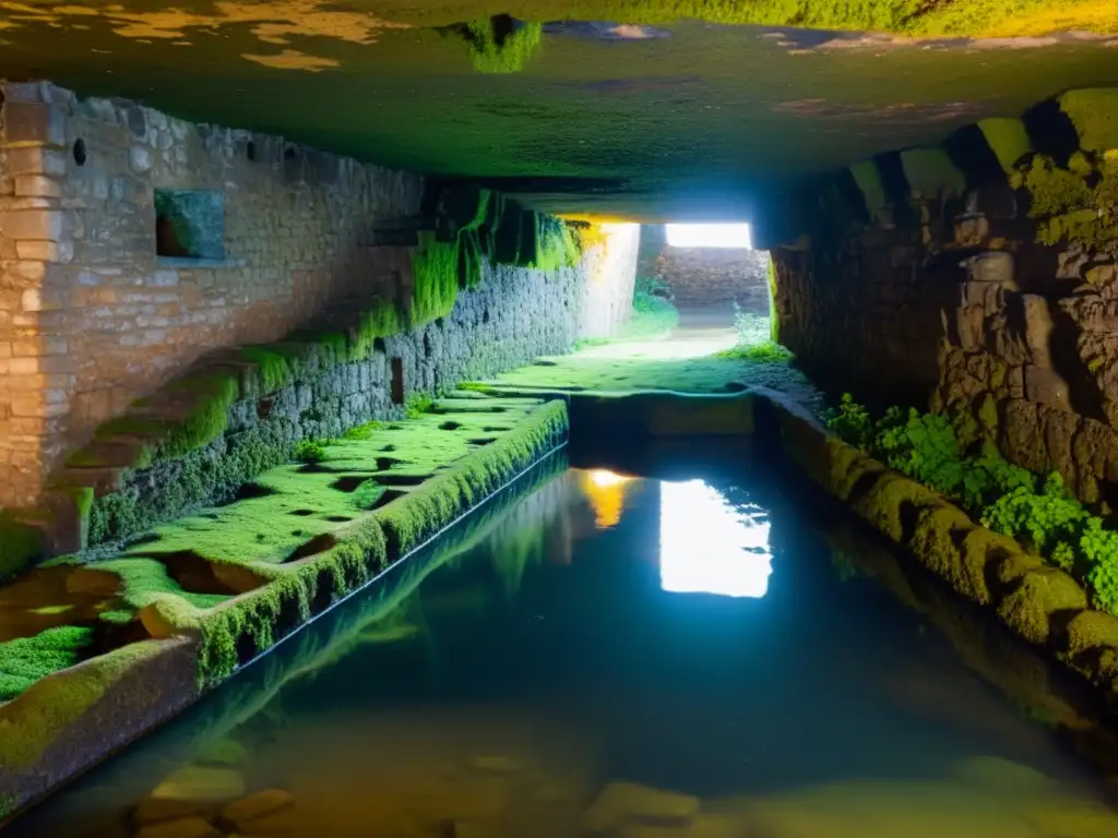 Un canal subterráneo histórico iluminado por una suave luz dorada, revelando belleza y misterio