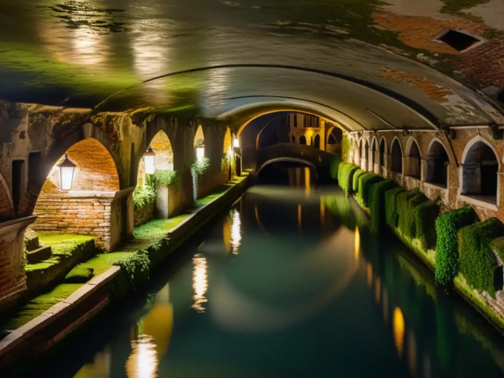 Explorando los canales subterráneos de Venecia en una misteriosa atmósfera de antiguas piedras, musgo y luz de faroles