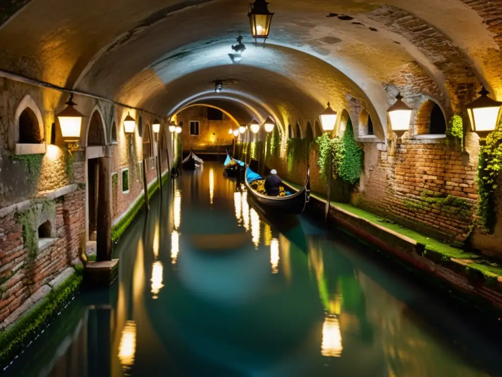 Los canales subterráneos de Venecia: túnel misterioso iluminado por faroles, paredes cubiertas de musgo y agua clara reflejando la luz suave