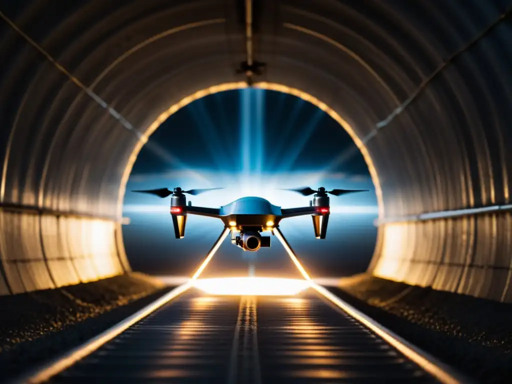 Innovación en captura de imágenes subterráneas: Drone avanzado en un túnel misterioso, fusionando tecnología moderna y lo desconocido