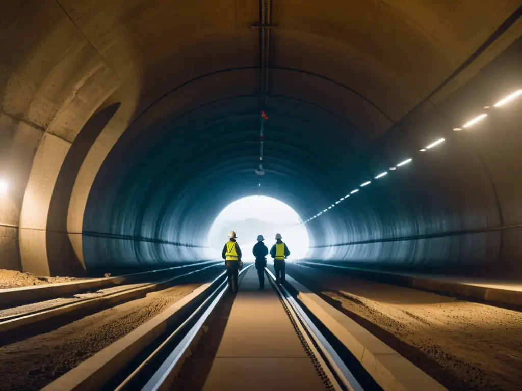 Innovación en captura de imágenes subterráneas: Ingenieros trabajando en un túnel subterráneo, usando drones y disparadores remotos en la penumbra, capturando detalles arquitectónicos con precisión