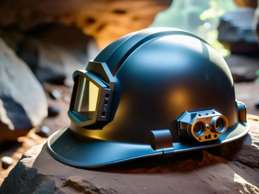 Un casco de espeleología de alta calidad en una cueva iluminada, evocando la emoción de la aventura subterránea