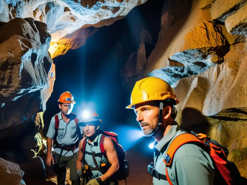 Cascos de espeleología de alta calidad iluminan a exploradores en formación, navegando por estrecho pasaje subterráneo