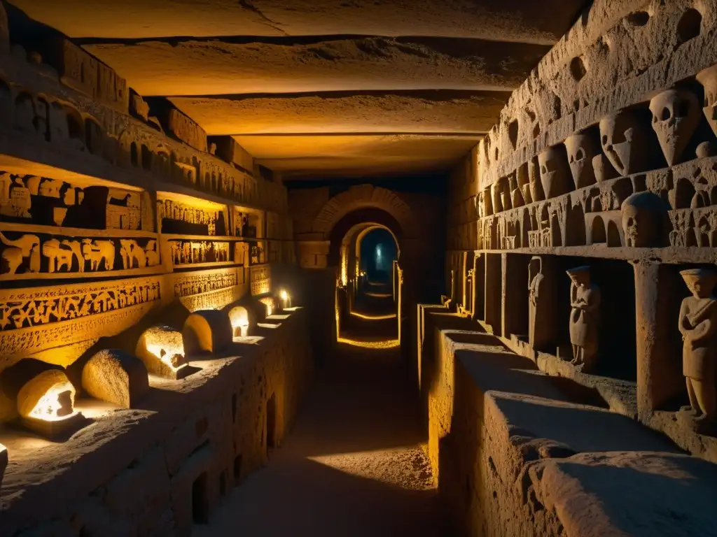 Guía de exploración de catacumbas: Antigua catacumba iluminada por antorchas, con paredes de piedra cubiertas de grabados y pinturas desgastadas