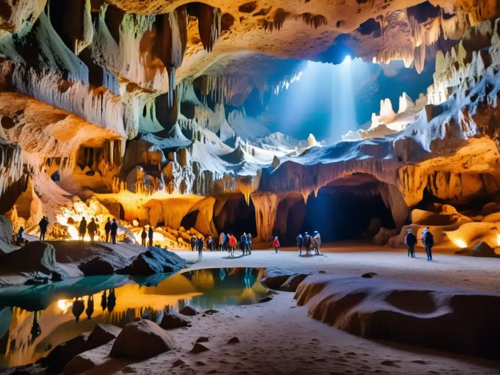 Exploración cautivadora en una caverna subterránea iluminada, promoción turística destinos subterráneos