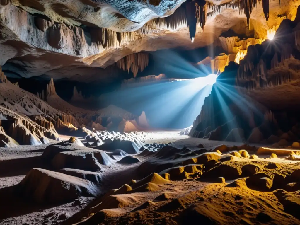 Una caverna subterránea iluminada por haces de luz natural, resaltando formaciones de estalactitas y estalagmitas