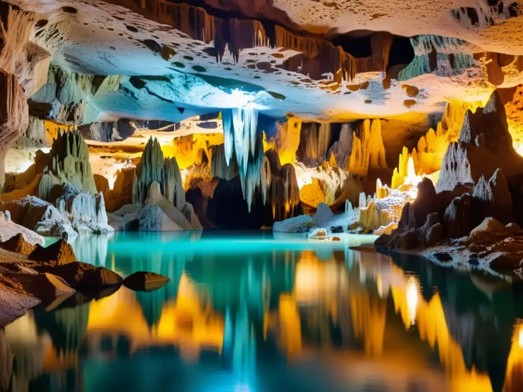 Exploración en cavernas con formaciones rocosas únicas, iluminadas por luz cálida, reflejadas en agua tranquila