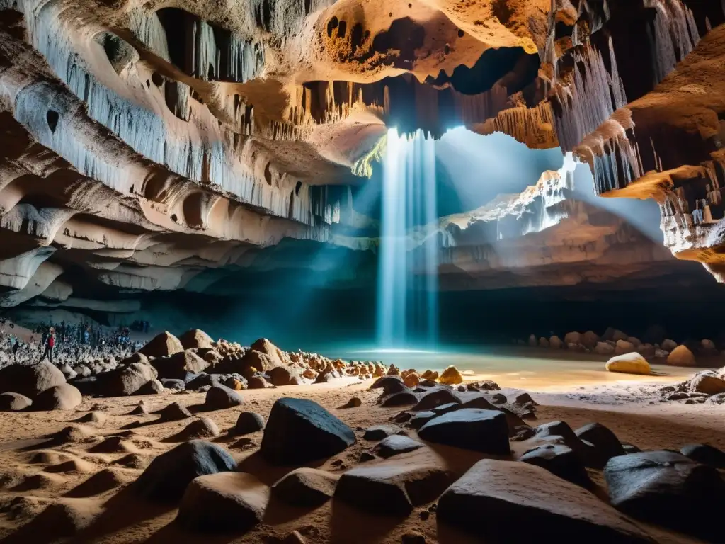 Formación de cavernas naturales geología profunda: Impresionante caverna subterránea con estalactitas y estalagmitas, juego de luces y sombras