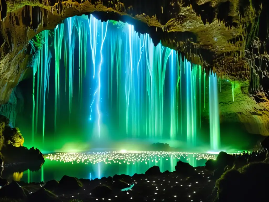 Las Cavernas Waitomo resplandecen con luz luminiscente, creando una escena mágica y cautivadora como un cielo estrellado