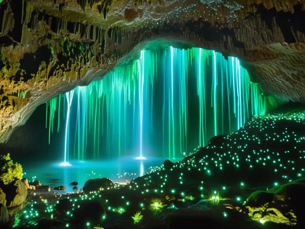 Explora las Cavernas Waitomo resplandor luminiscente con las brillantes luciérnagas de Nueva Zelanda creando un escenario subterráneo cautivador