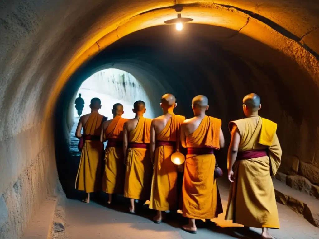 Un círculo de monjes tibetanos con túnicas color azafrán en túneles iluminados por lámparas de mantequilla, en una ceremonia de Budismo Tibetano