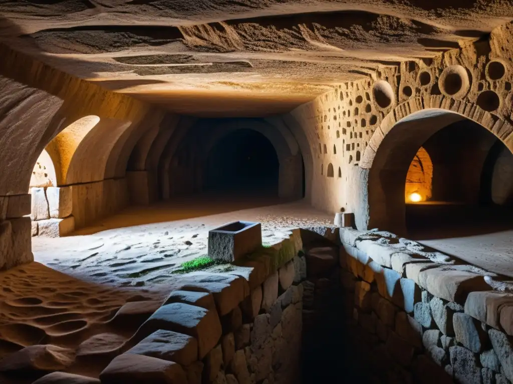 Explorando la ciudad oculta Derinkuyu: Intrincada red de túneles y arquitectura antigua en una cámara subterránea iluminada tenue