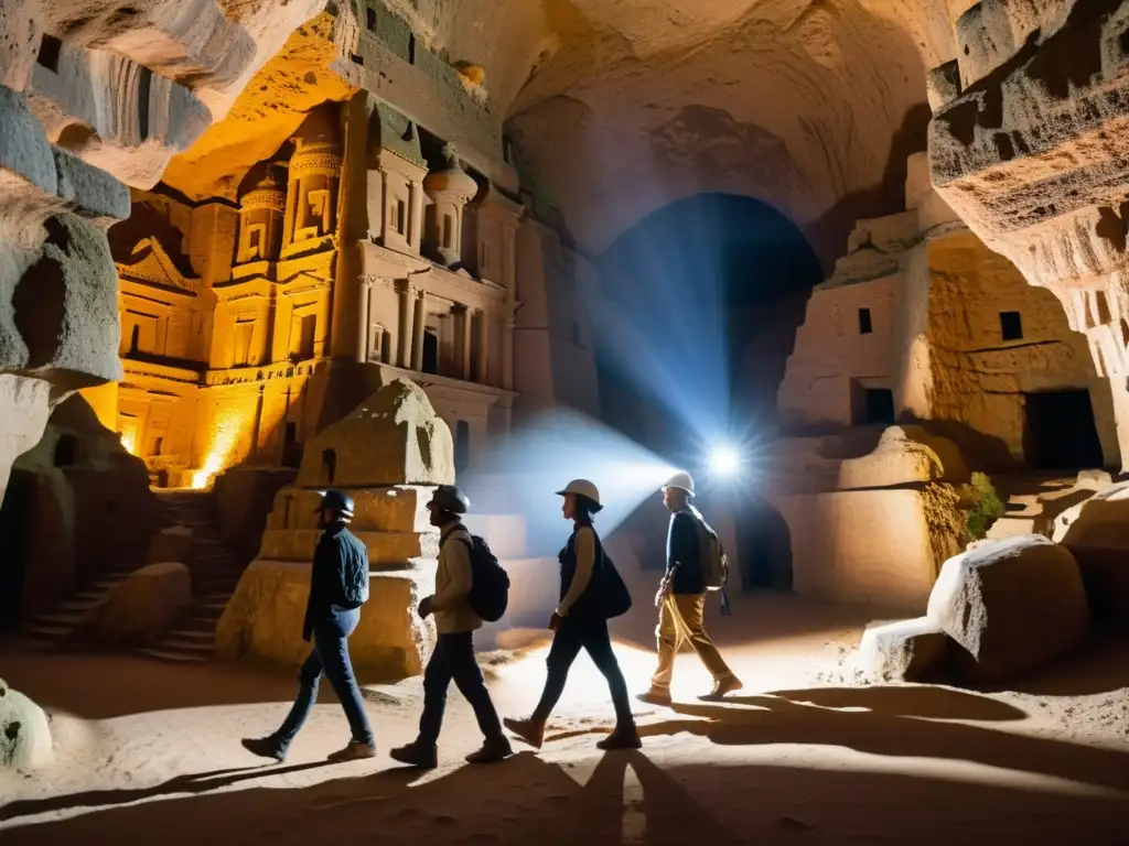 Explorando la ciudad oculta Derinkuyu: Visitantes exploran la antigua ciudad subterránea, iluminados por lámparas de cabeza, revelando detalles arquitectónicos