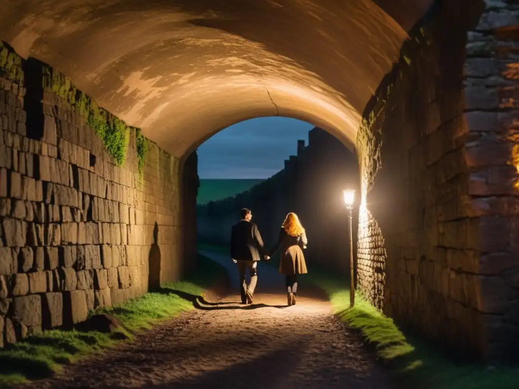 Romance clandestino en túneles históricos: pareja abrazada en penumbra, iluminada por antorchas, evocando misterio y pasión