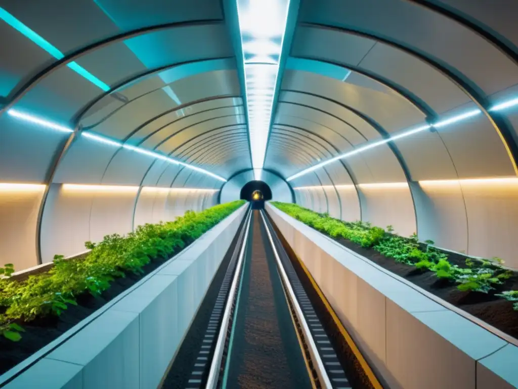 Innovación y colaboración en infraestructuras subterráneas sostenibles con robots y ingenieros en un túnel iluminado por LED y vegetación