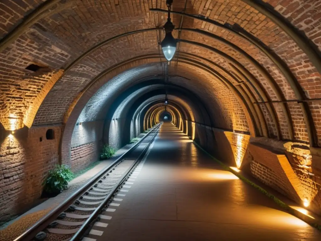 Compleja red de túneles históricos bajo la ciudad, iluminados por tenues rayos de sol