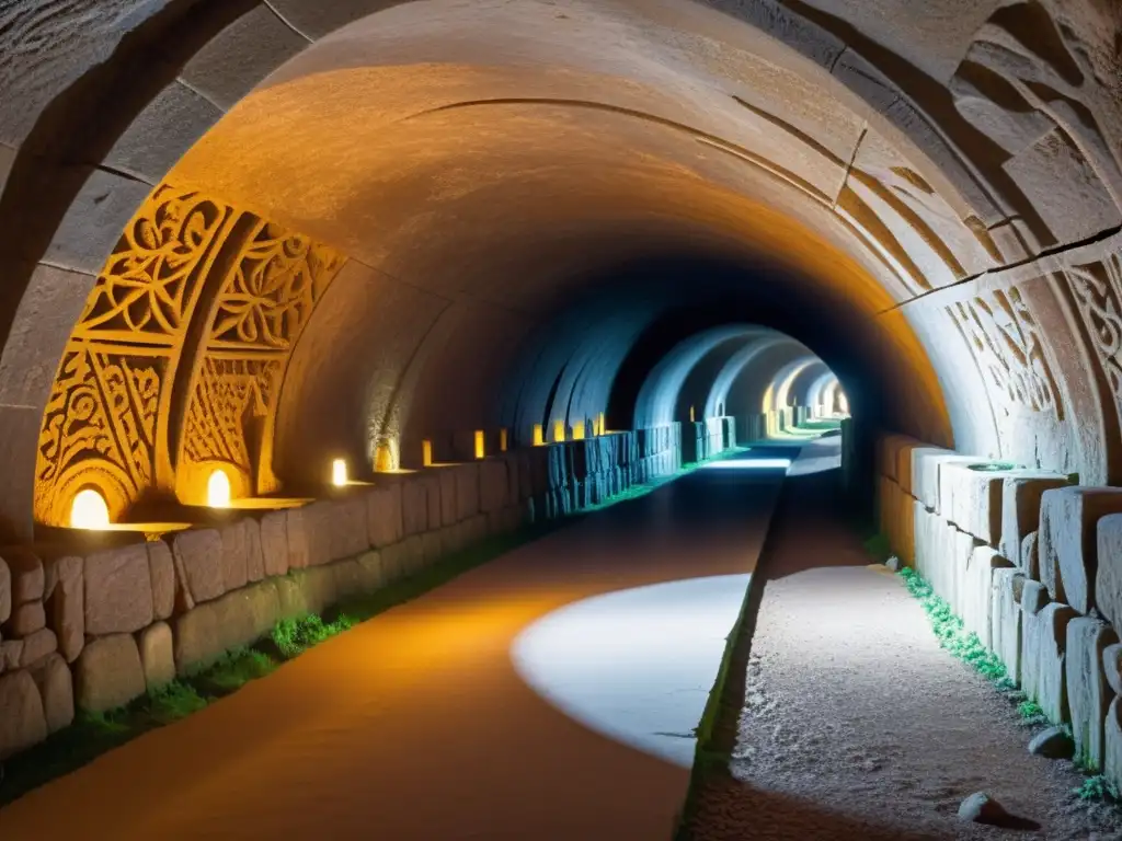 Compleja red de túneles subterráneos iluminados por cálida luz, con antiguas inscripciones