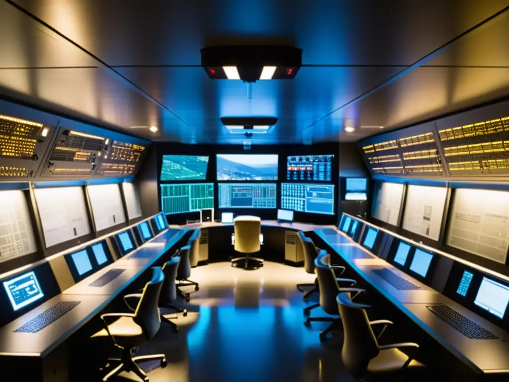 Complejo de Cheyenne Mountain: Red de túneles y centros de mando Complejo de montaña Cheyenne, centro de comando subterráneo con personal y equipo de comunicación avanzado en corredores iluminados