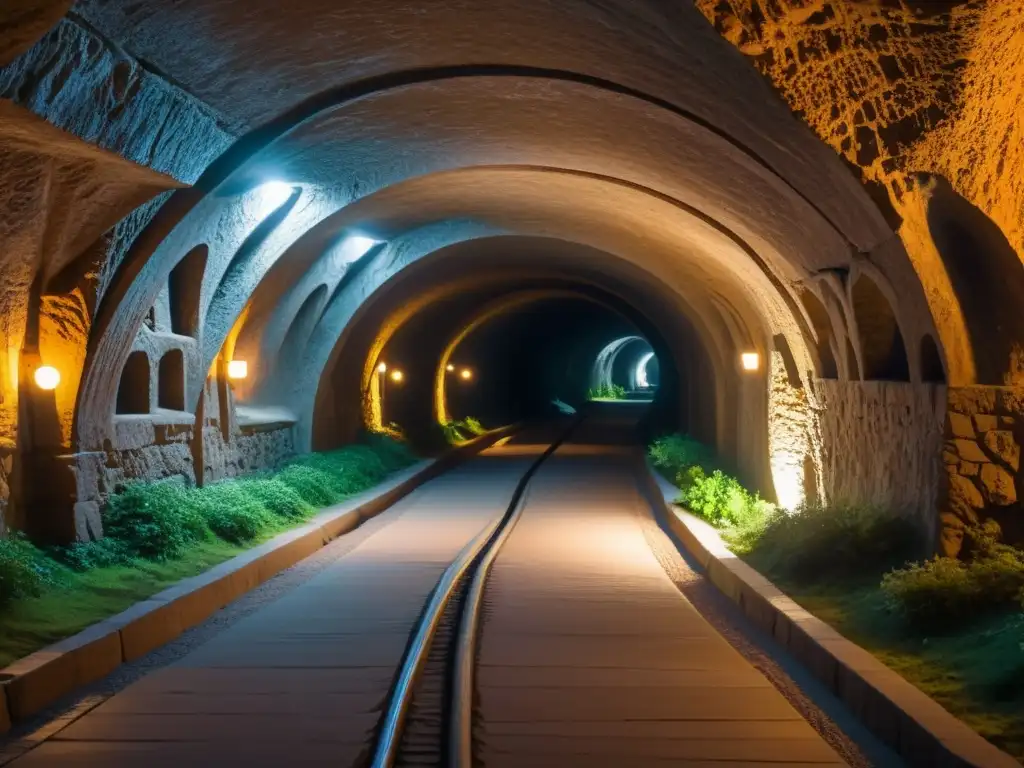 Un complejo sistema de túneles subterráneos iluminados por tenue luz, con antiguos grabados en las paredes