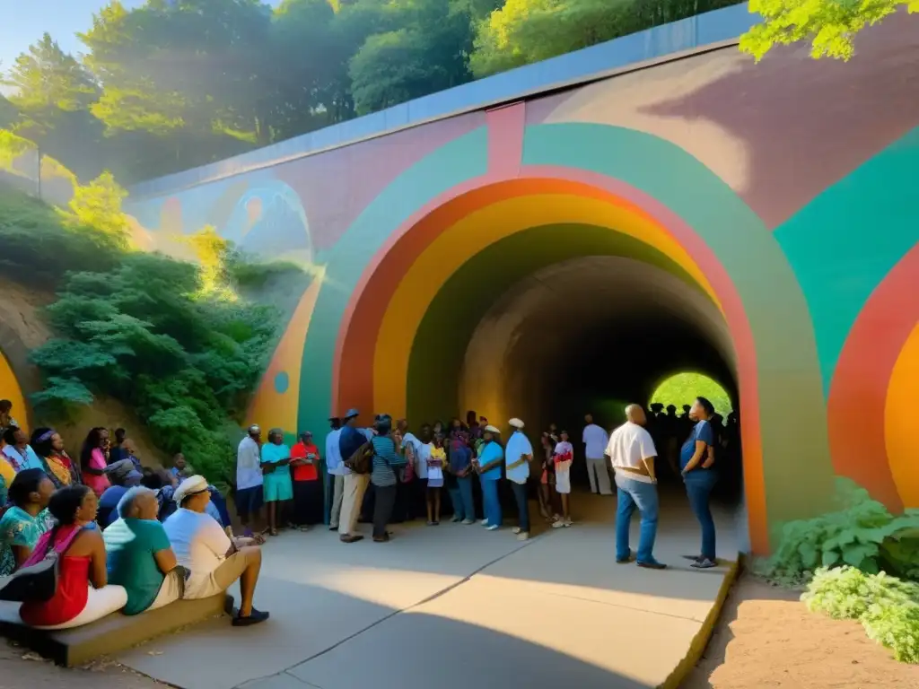 Comunidad diversa escucha apasionada charla junto a túnel histórico con murales coloridos y luz cálida