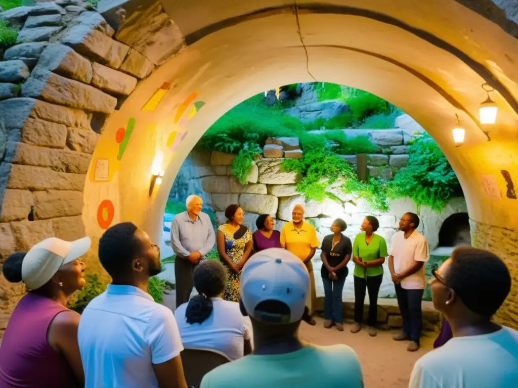 Comunidad escucha historias junto a túnel histórico, iluminados por linternas