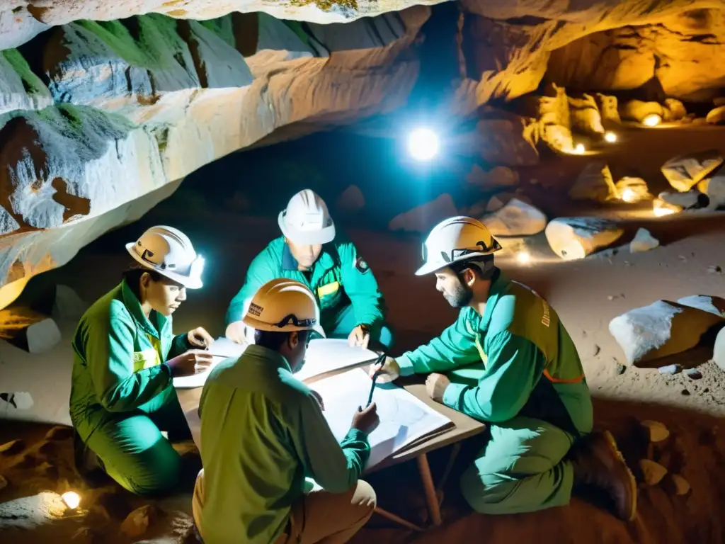 Conservacionistas planificando proyectos de conservación subterránea en una cueva, rodeados de formaciones rocosas impresionantes