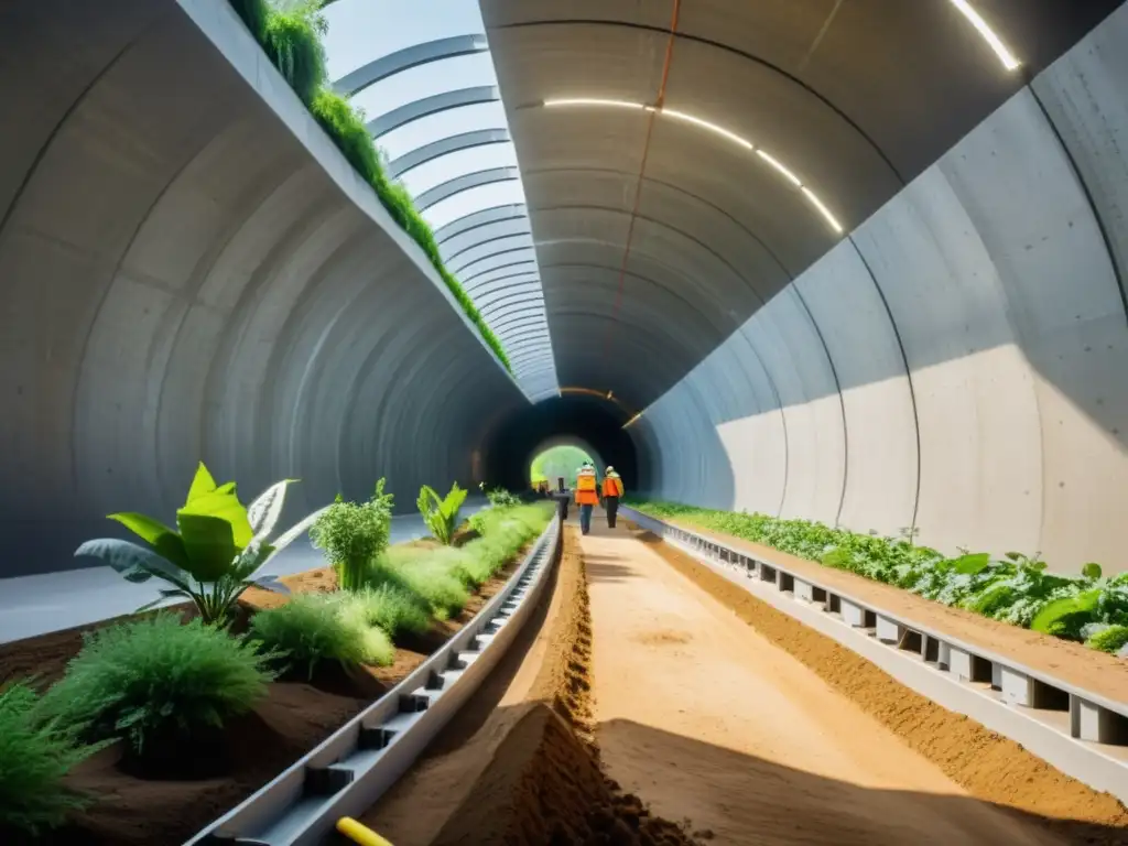 Construcción de túnel con enfoque en ecología subterránea y biodiversidad, integrando elementos naturales y tecnología avanzada