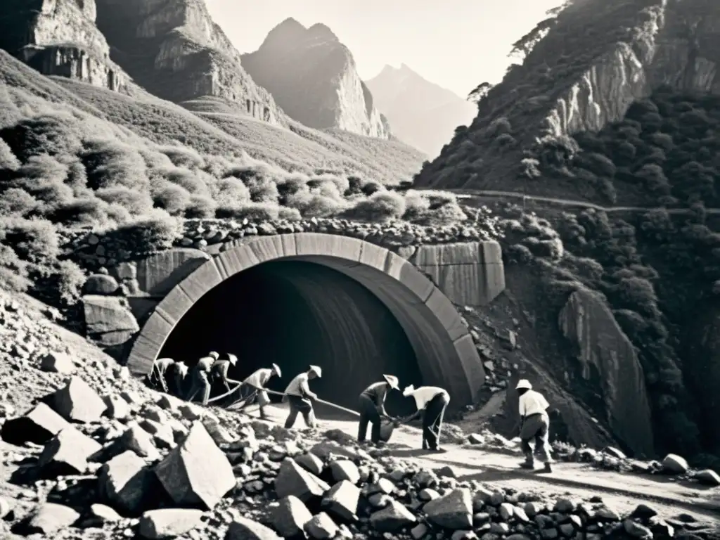 Diseño y construcción de túneles históricos: Equipo de obreros labrando un túnel en terreno montañoso, con sudor y determinación