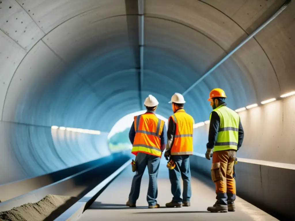 Transformación en la construcción de túneles con hormigón: equipo de trabajadores utilizando técnicas avanzadas para verter y alisar el concreto