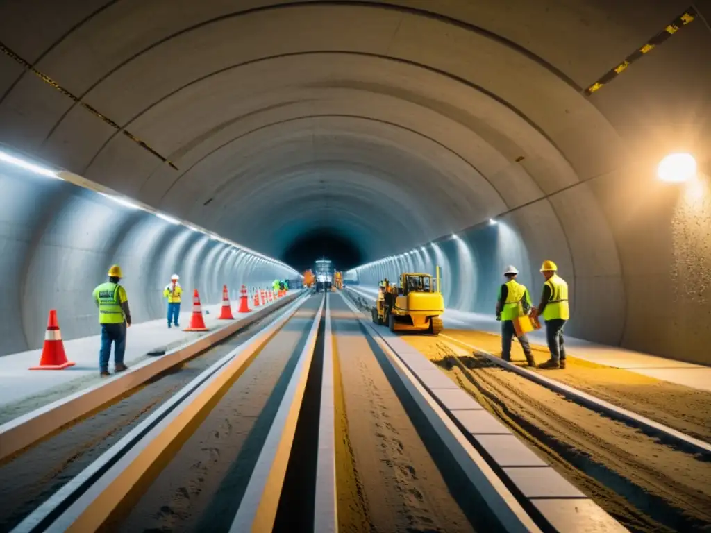 Transformación en construcción de túneles con hormigón: obreros y maquinaria en un túnel subterráneo iluminado, mostrando innovación industrial