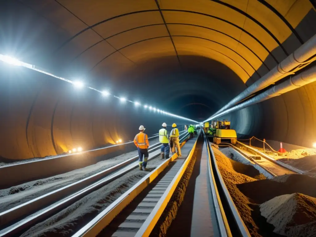 Construcción de túneles: ingenieros y trabajadores utilizan maquinaria avanzada en un proyecto de túneles sostenibles, reduciendo la huella de carbono