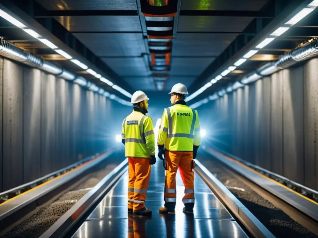 Construcción de túneles subterráneos con tecnología de vanguardia, trabajadores y maquinaria bajo intensa iluminación