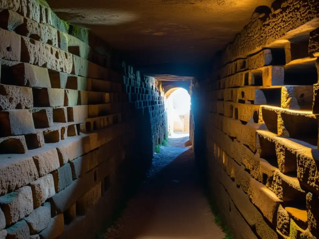 Corredor misterioso de las Catacumbas de San Calixto, con reliquias subterráneas y nichos funerarios tallados en piedra antigua