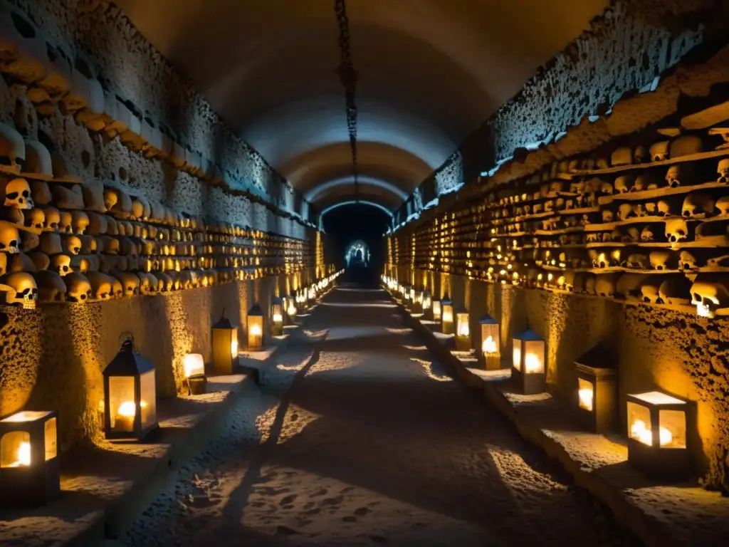 Corredor oscuro de las catacumbas de París con calaveras y huesos apilados, iluminado por linternas