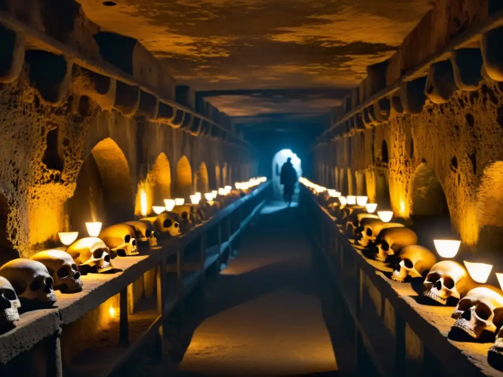 Corredor oscuro en las Catacumbas Capuchinas de Palermo, con esqueletos vestidos y velas, evocando leyendas y misterio