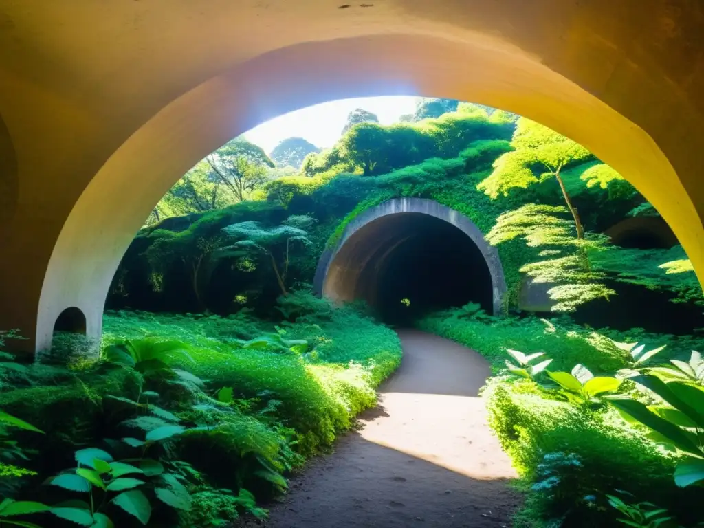 Corredores ecológicos en túneles históricos: un bosque exuberante con arcos de piedra cubiertos de musgo, creando un túnel de vegetación