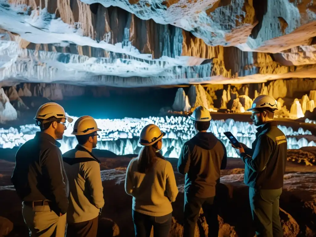 Geólogos exploran cueva con realidad aumentada, destacando contraste entre formaciones naturales y tecnología avanzada