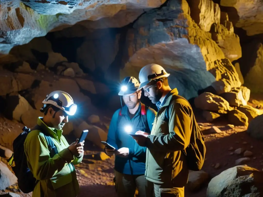 Geólogos explorando una cueva rocosa con tecnología de realidad aumentada, capturando datos con intensa concentración