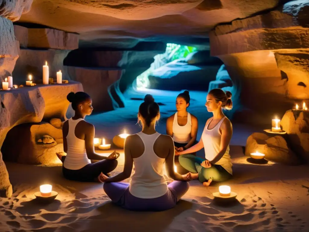 Práctica de yoga y meditación en cueva sagrada del Tíbet, iluminada por velas, creando atmósfera espiritual y tranquila