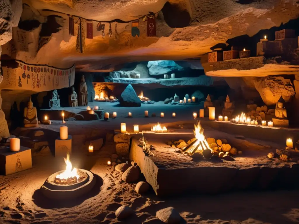 En las cuevas de Zugarramurdi, un altar de piedra rodeado de símbolos misteriosos y velas, mientras sombras portan antorchas en la penumbra