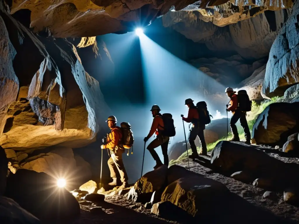 Exploración en cuevas: fotógrafos capturan la estabilidad en terreno irregular, iluminando el entorno con sus linternas en la oscuridad de la cueva