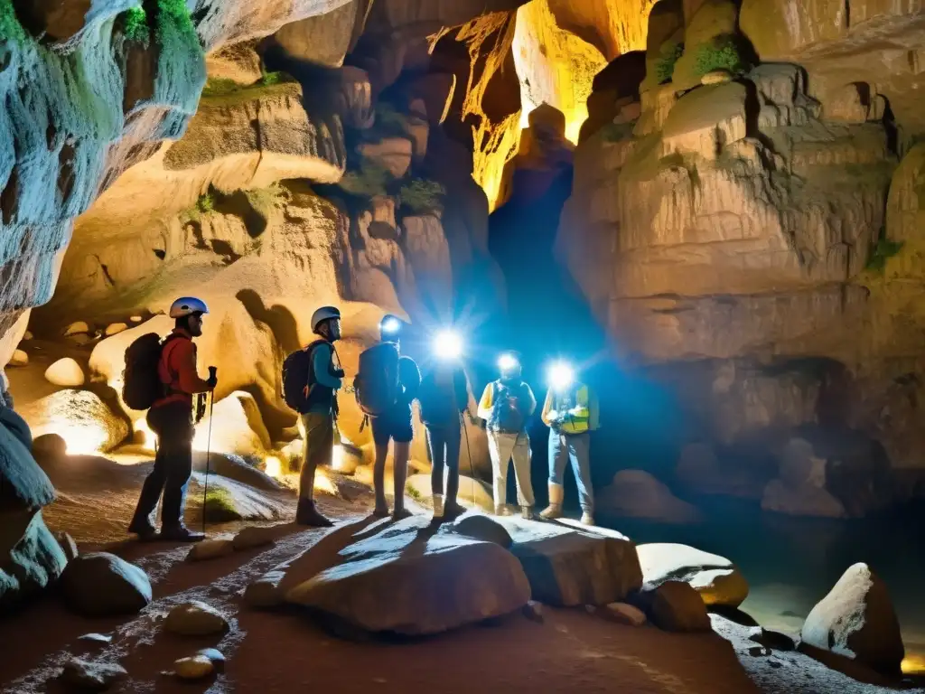 Exploración en cuevas: un grupo de turistas sigue a un guía a través de una cueva histórica, iluminando la belleza con sus linternas