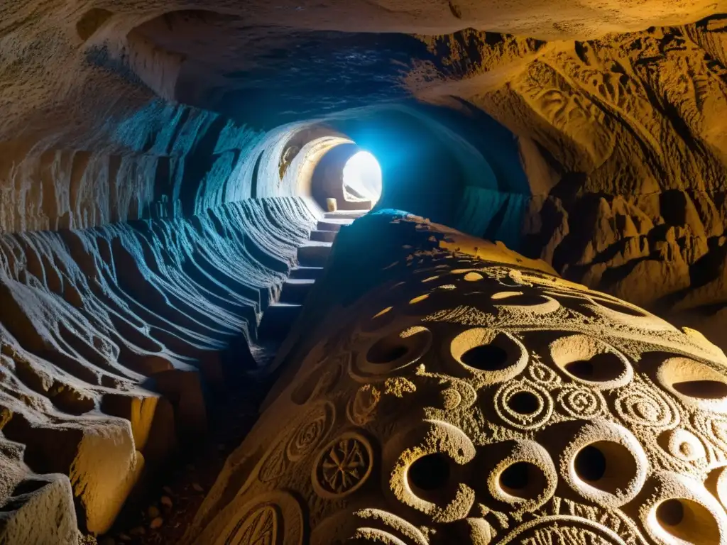 Cuevas de Royston misterios templarios: Intrincadas tallas en las ásperas paredes de una estrecha cueva subterránea, iluminada por una tenue luz