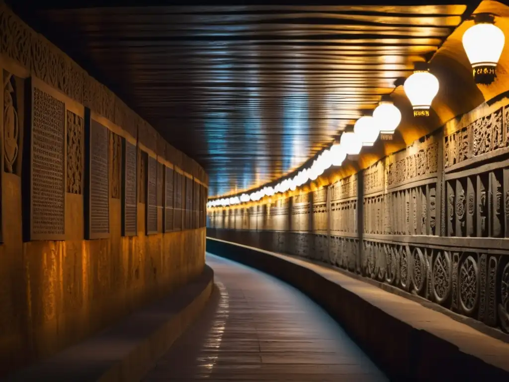 Ingeniería subterránea refleja cultura: túnel iluminado con intrincadas decoraciones y símbolos, evocando misterio y grandeza histórica