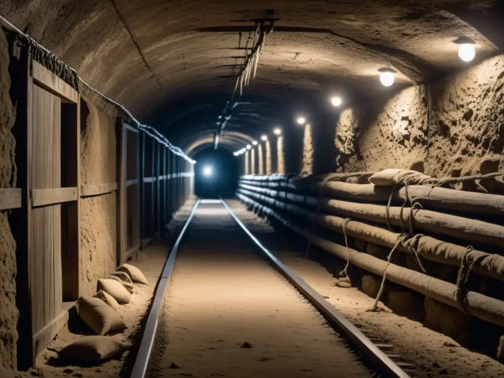 Defensas subterráneas en Normandía: túnel oscuro con soldados en silueta, luz tenue y atmósfera inquietante