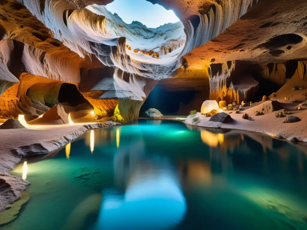 Desarrollo sostenible en turismo subterráneo: impresionante cueva con formaciones rocosas y piscinas cristalinas iluminadas por luz natural